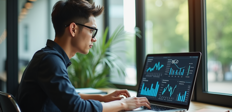 Jeune entrepreneur travaillant sur son ordinateur avec des graphiques SEO à Chiang Mai