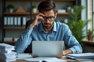 Jeune entrepreneur stressé dans son bureau à domicile