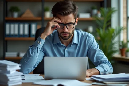 Jeune entrepreneur stressé dans son bureau à domicile