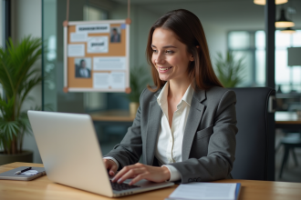 Jeune femme au bureau travaillant sur un laptop