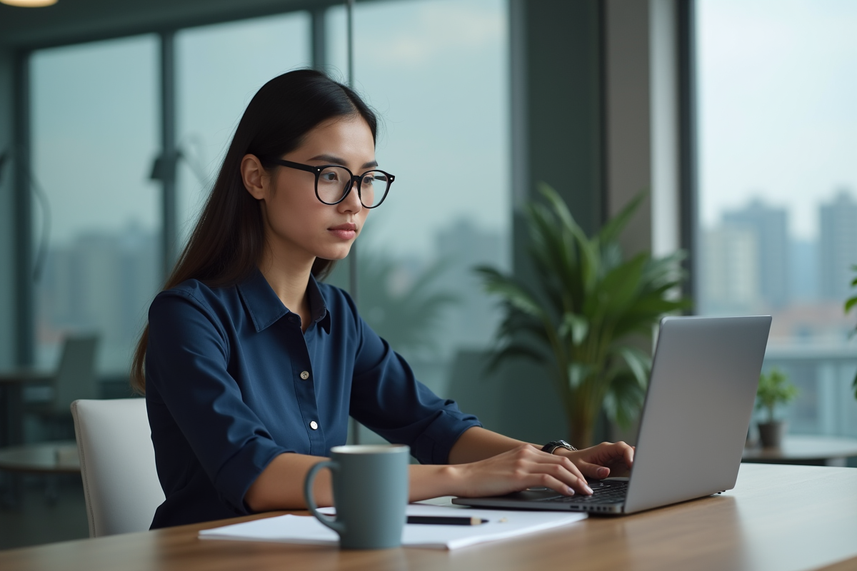 Jeune femme professionnelle concentrée sur son ordinateur dans un bureau moderne