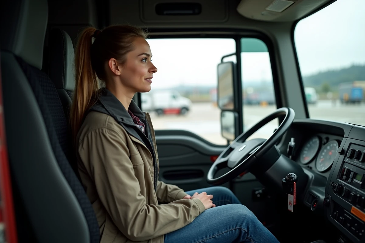 Jeune conductrice de camion dans la cabine moderne