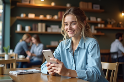 Jeune femme souriante avec smartphone dans un café moderne