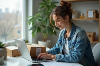 Jeune femme en denim compare options livraison en ligne