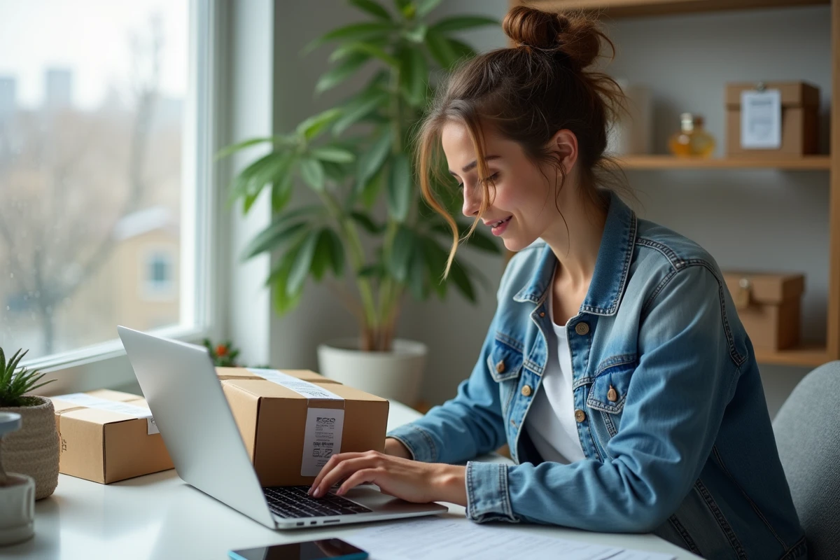 Jeune femme en denim compare options livraison en ligne