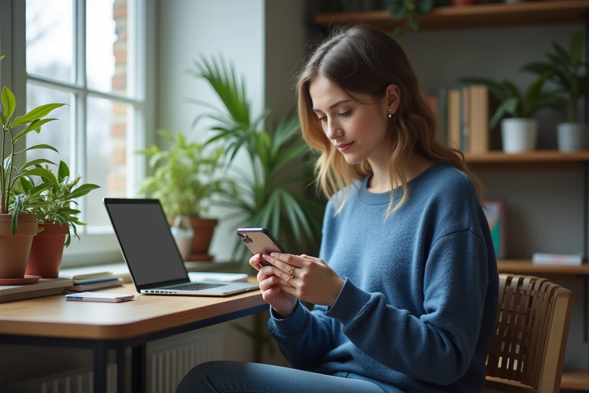 Jeune femme planifiant une publication Instagram à son bureau