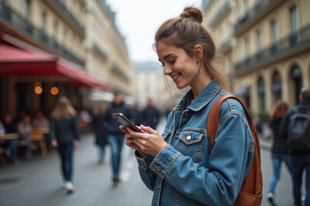 Jeune femme souriante avec smartphone dans une rue parisienne