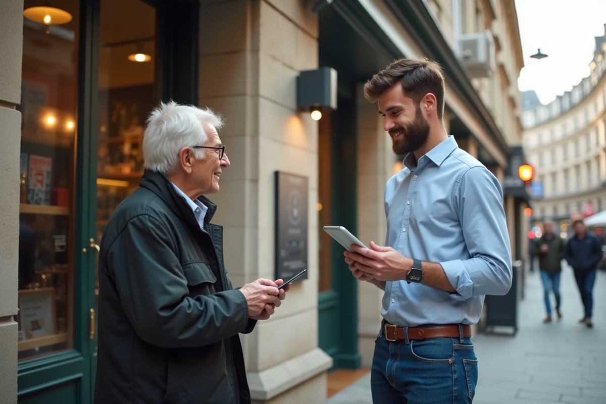 Jeune homme montrant son profil en ligne à un client âgé