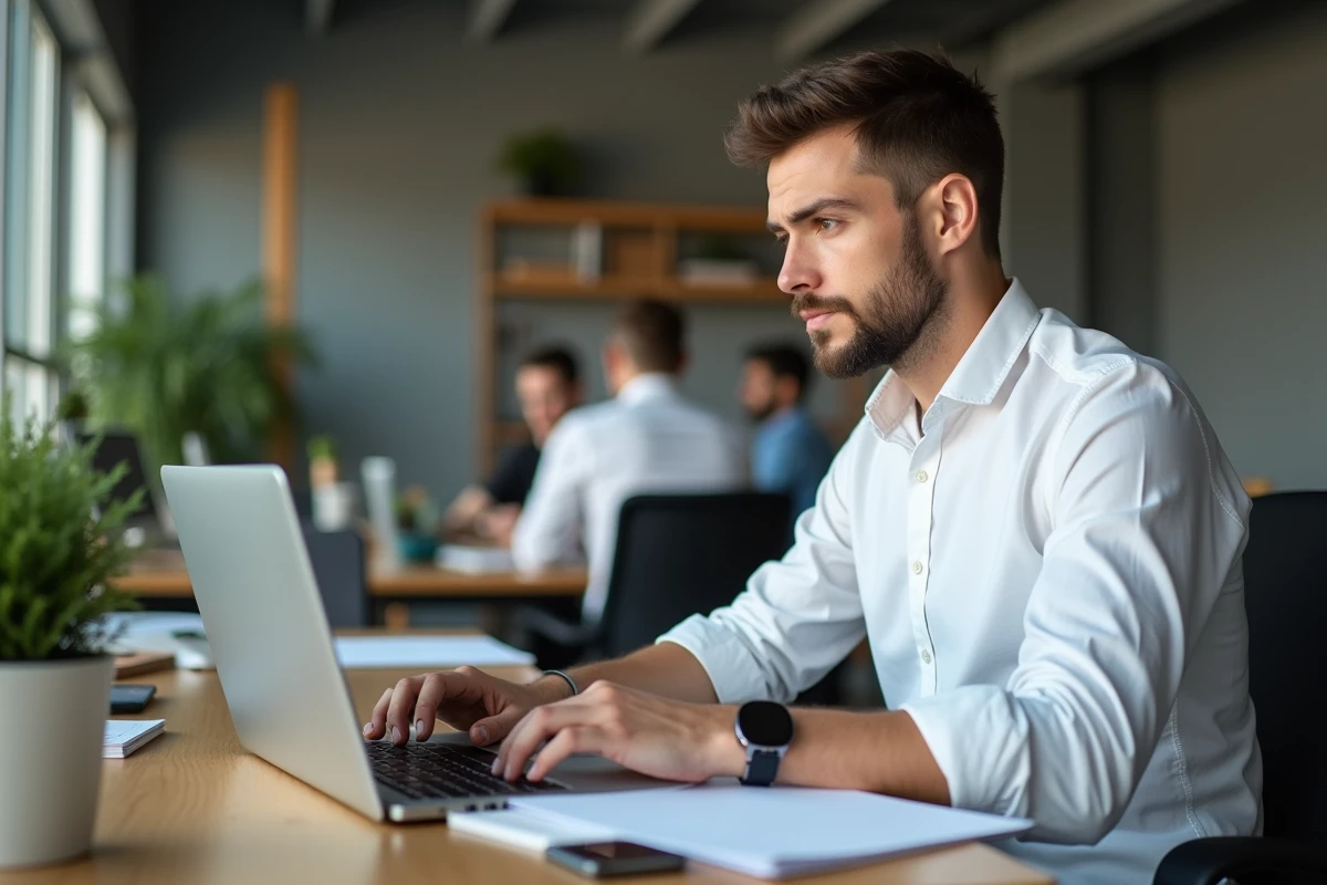 Jeune homme configurant ses paramètres en ligne au bureau