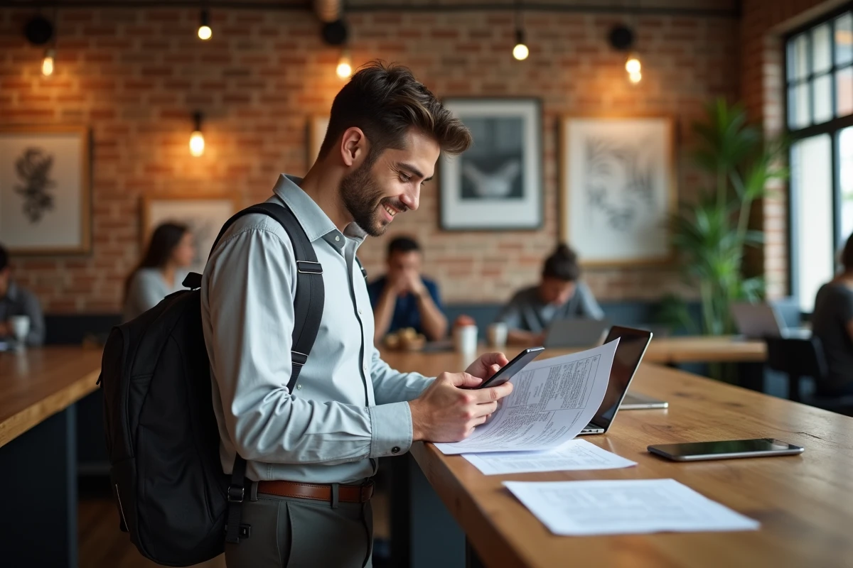 Jeune homme scanne des papiers dans un espace coworking