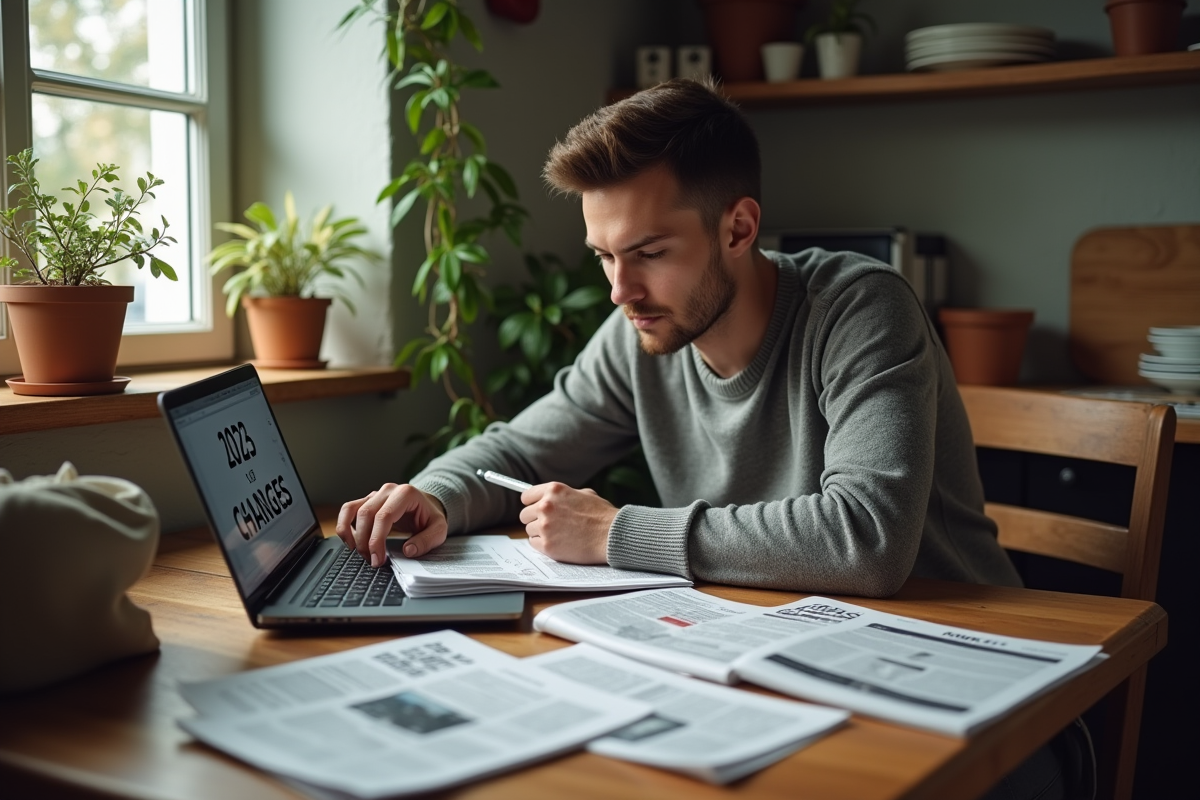 Jeune homme lisant des articles dans une cuisine chaleureuse