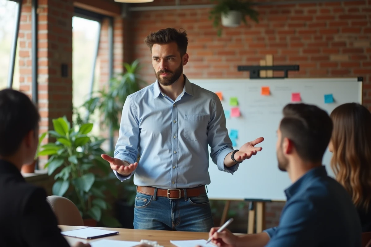 Jeune homme présentant un plan financier à une équipe