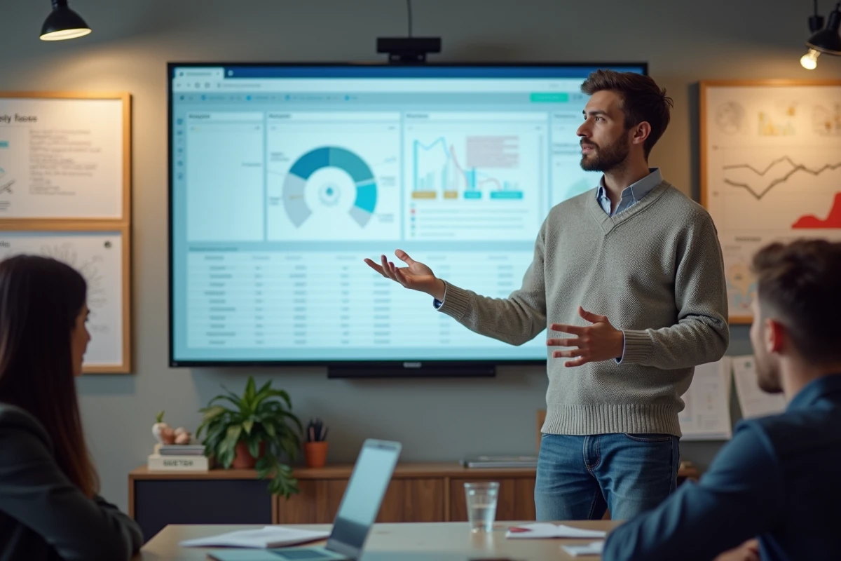 Jeune homme présentant un rapport SEO dans un espace créatif