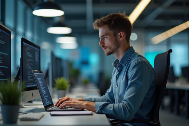 Jeune homme concentré travaillant sur un ordinateur portable en bureau moderne