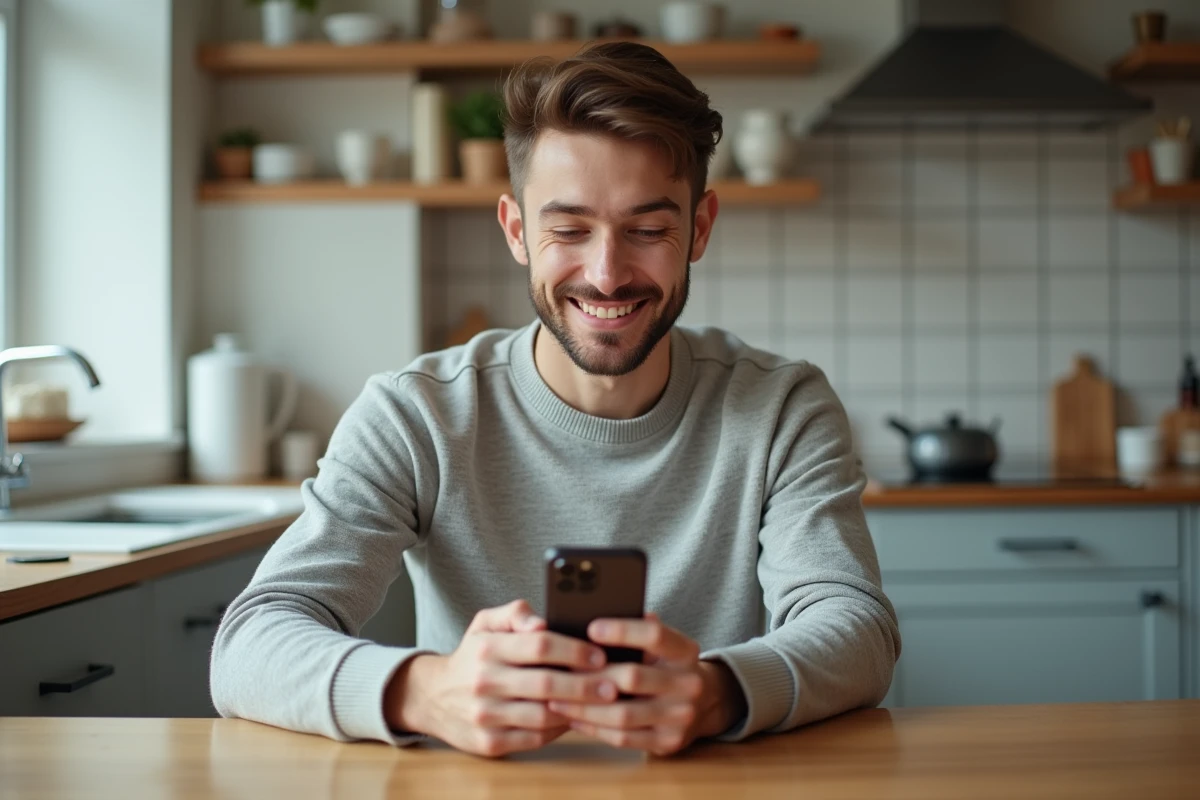 Jeune homme vérifiant son compte sur un smartphone dans la cuisine