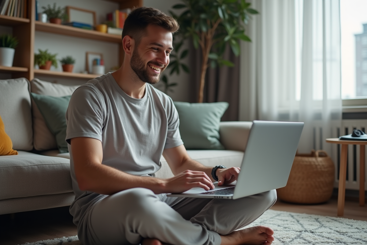 Jeune homme souriant en visioconference dans le salon