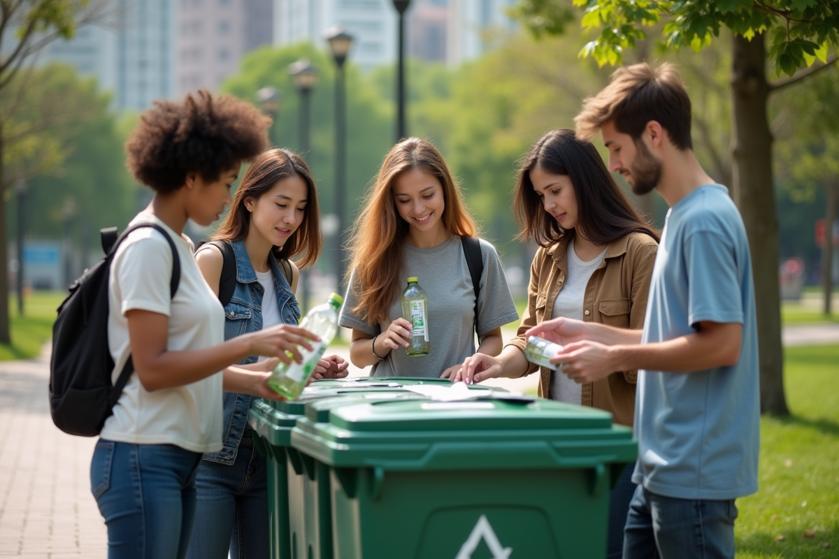 Jeunes triant des déchets dans un parc urbain