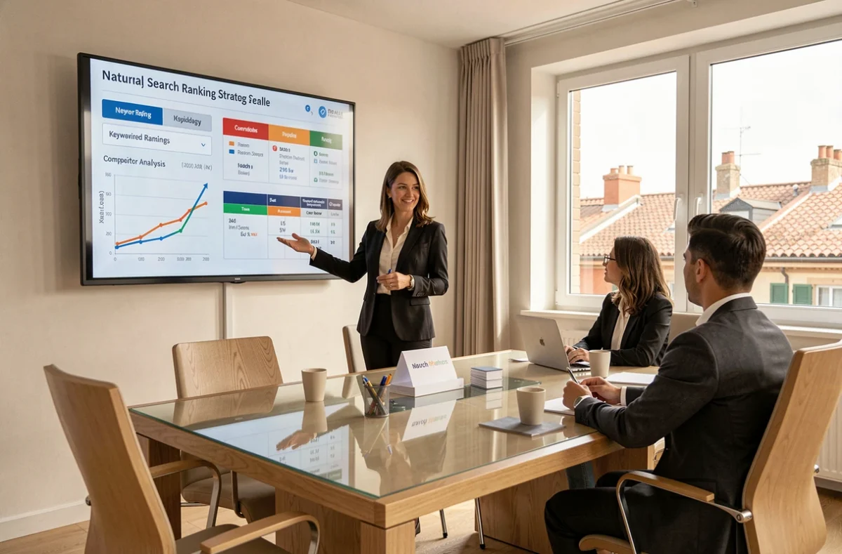 Consultante de l'agence JLOO présentant une stratégie de référencement naturel et SEO à une équipe en Nouvelle-Aquitaine