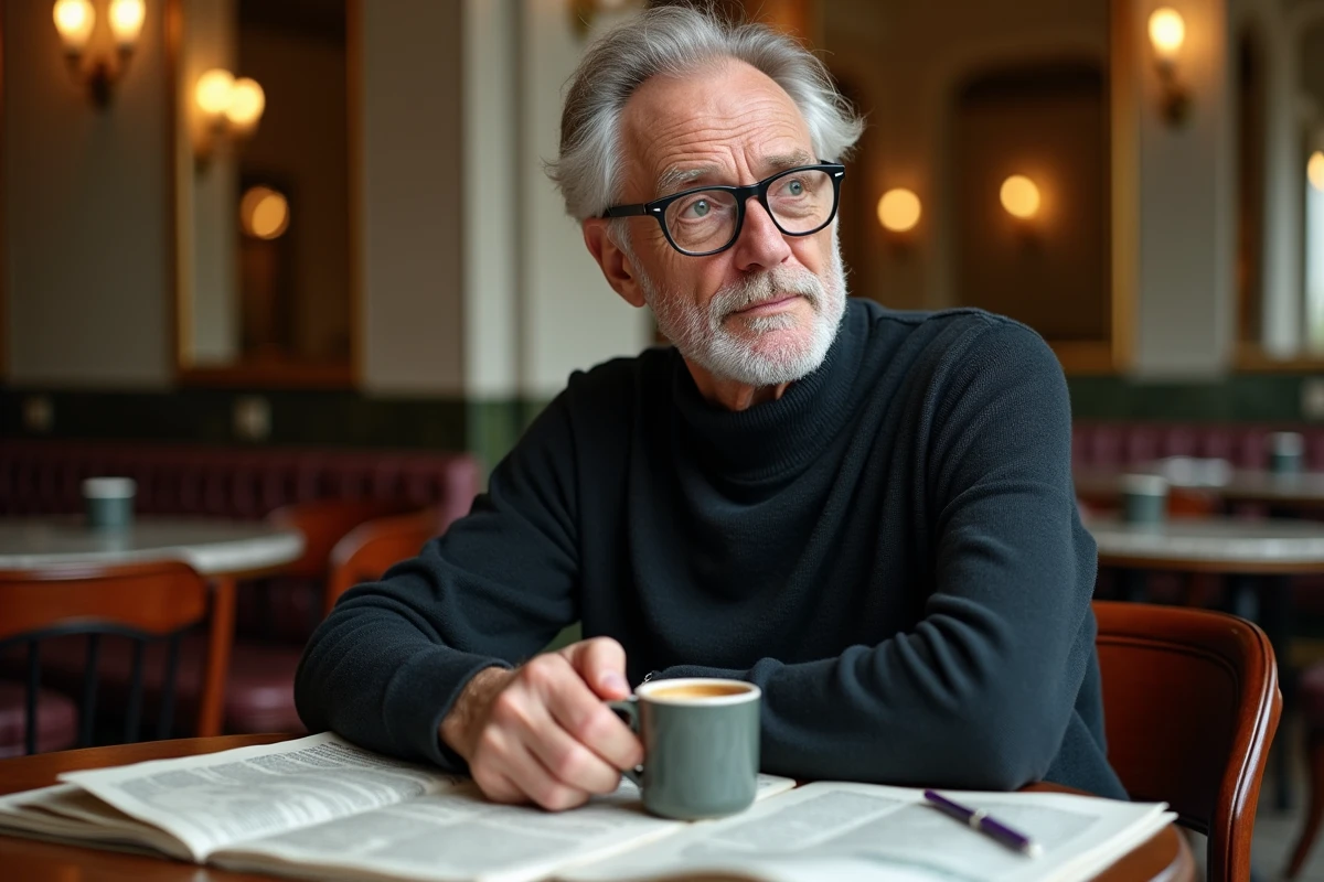 Intellectuel et journaliste en réflexion dans un café parisien, symbolisant les prises de position éditoriales et l'engagement culturel