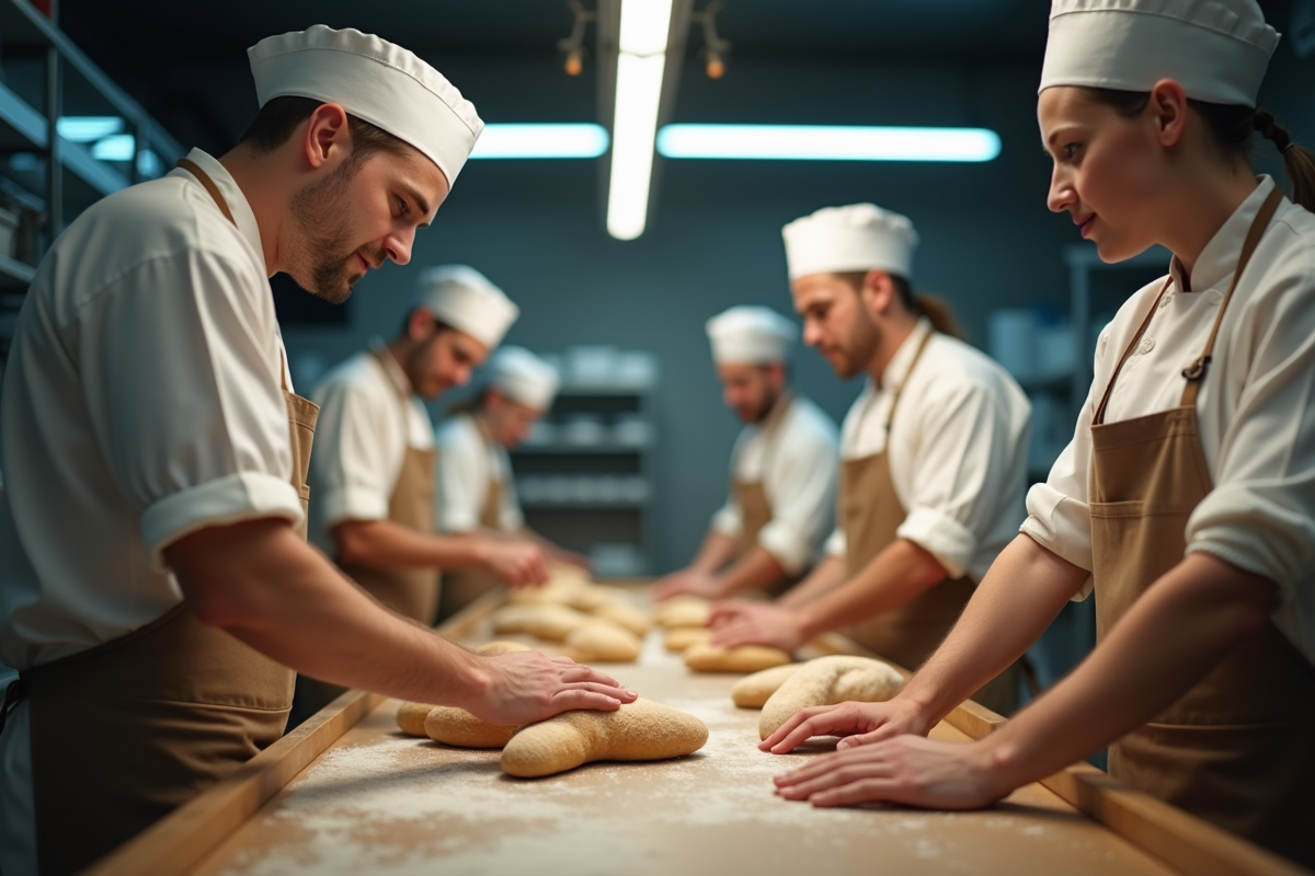 Chef kaiser guidant une équipe en boulangerie moderne