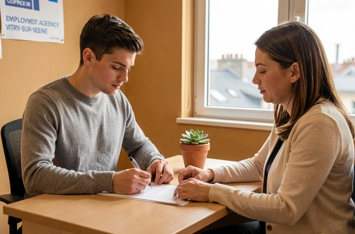 Jeune candidat remplissant un formulaire de candidature assisté par une conseillère de l'agence LIP à Vitry-sur-Seine