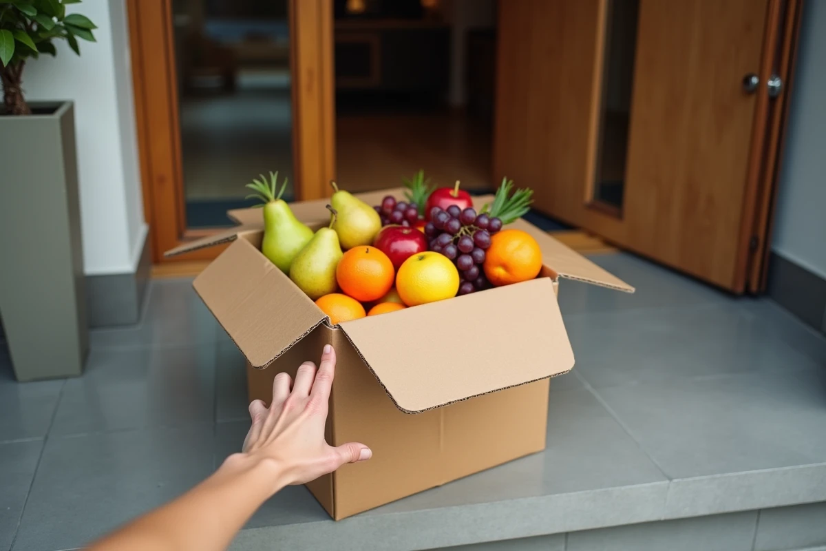 Livraison de fruits frais à domicile dans un carton de commande en ligne