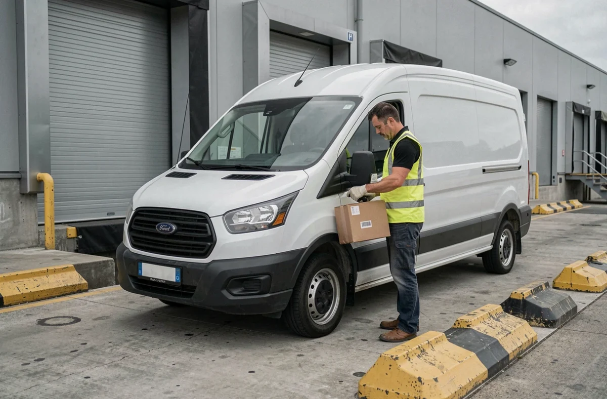 Livreur scannant un colis au quai de chargement d'un centre de distribution logistique Kuehne+Nagel