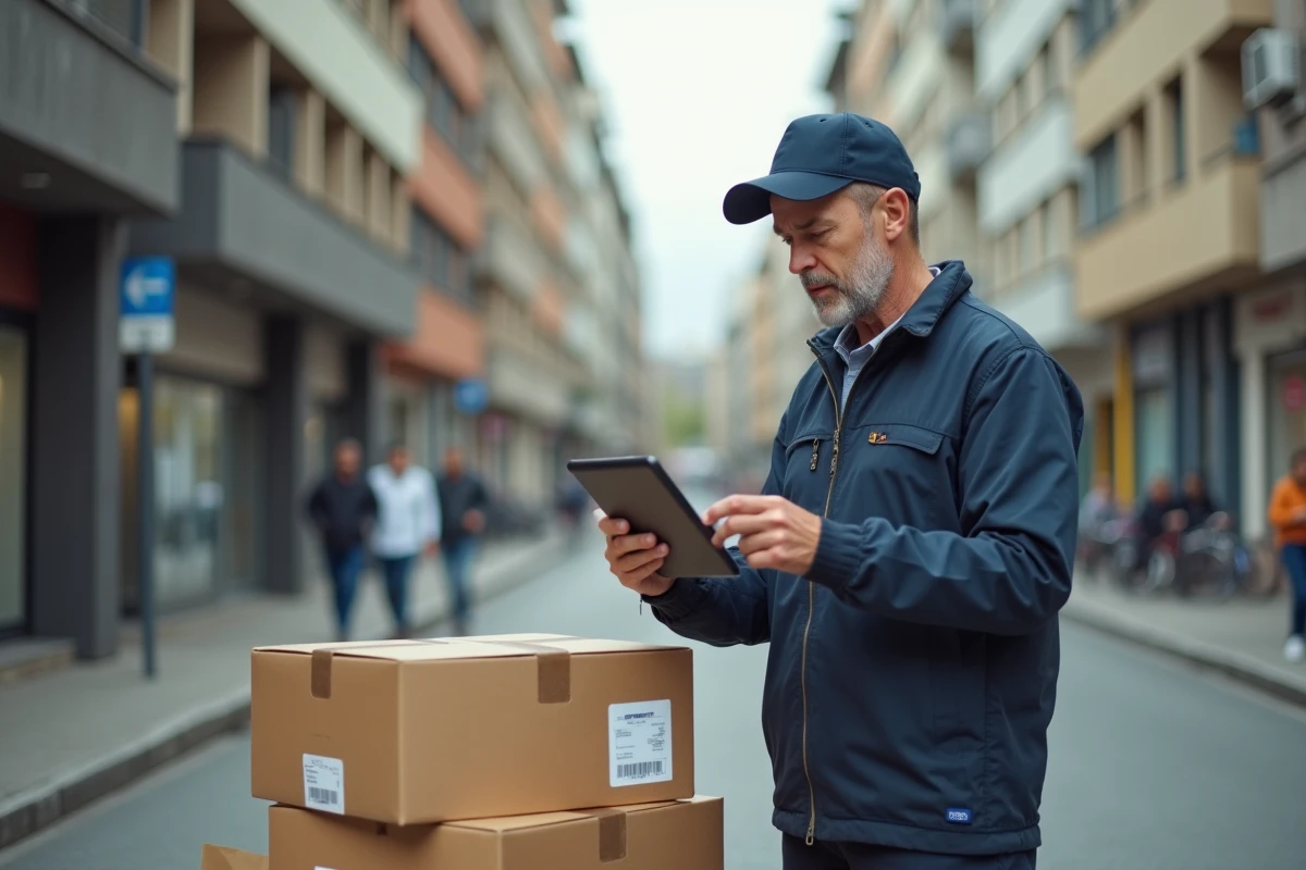 Livreur urbain vérifie colis avec tablette dans la rue