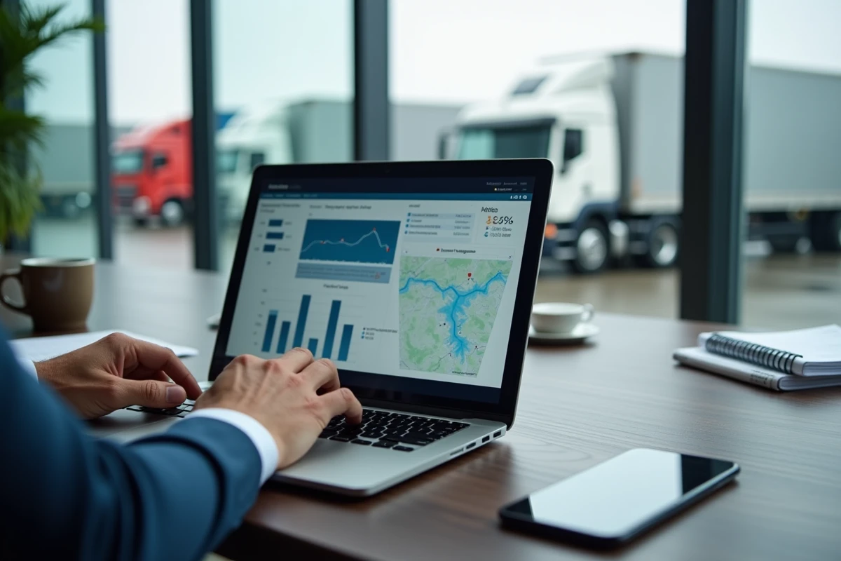 Professionnel du transport consultant un logiciel de gestion de flotte sur ordinateur portable dans une salle de réunion avec vue sur un parc logistique