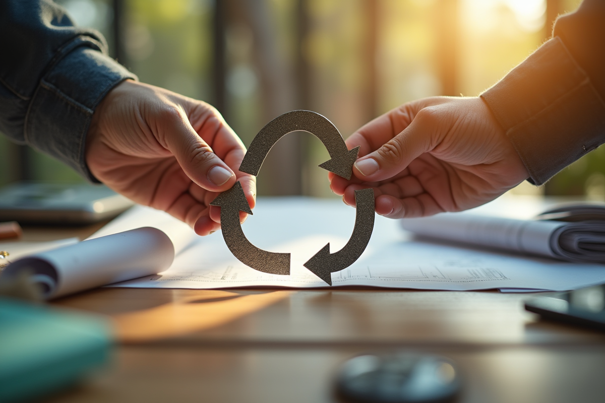 Mains tenant un anneau de recyclage en métal sur un bureau