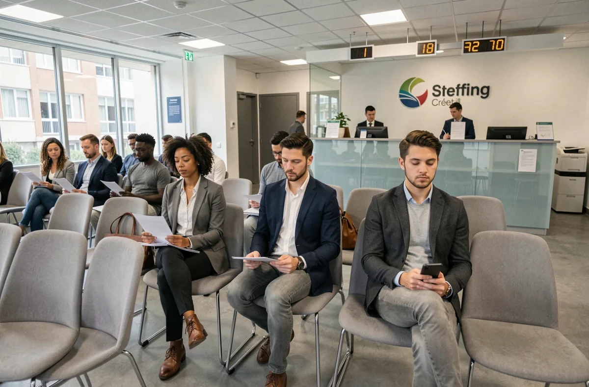 Candidats en attente dans la salle d'accueil de l'agence Manpower à Créteil
