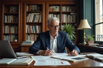 Journaliste influent dans un bureau éditorial parisien, entouré de documents de presse et d'archives médiatiques