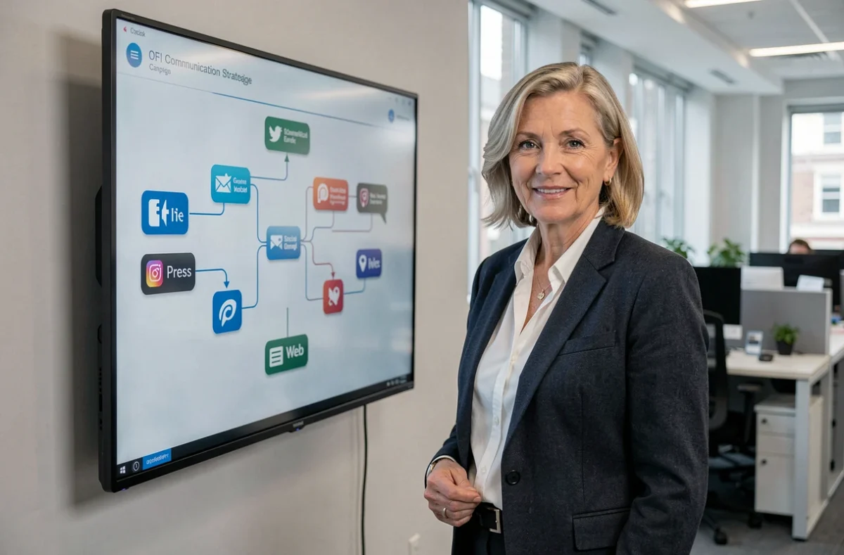 Stratège de Mediapilote présentant un plan de communication multicanale devant un écran