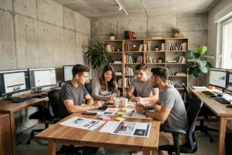 Vue d'ensemble d'une agence web moderne dans le Gard, avec une équipe collaborative travaillant sur des projets digitaux