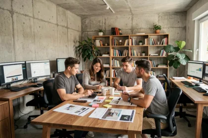 Vue d'ensemble d'une agence web moderne dans le Gard, avec une équipe collaborative travaillant sur des projets digitaux