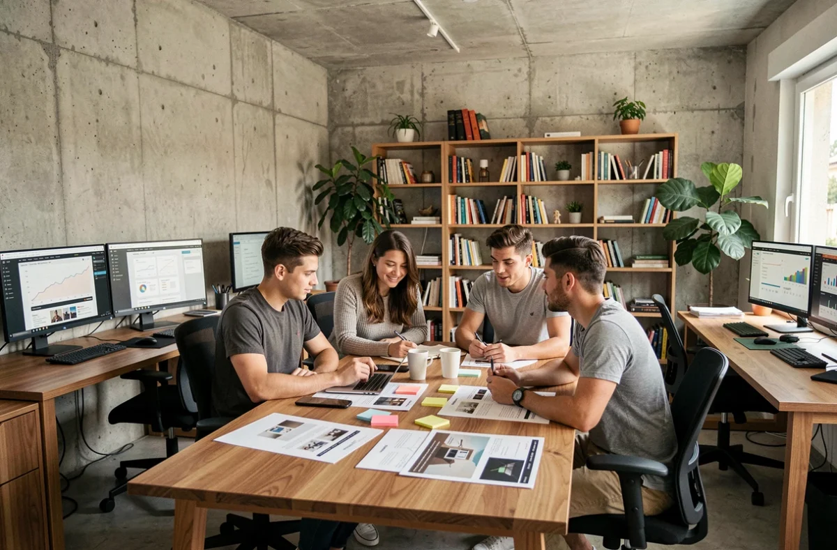 Vue d'ensemble d'une agence web moderne dans le Gard, avec une équipe collaborative travaillant sur des projets digitaux