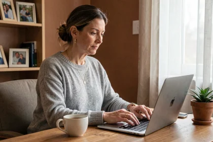 Mère célibataire en télétravail travaillant sur un ordinateur portable dans son bureau à domicile chaleureux