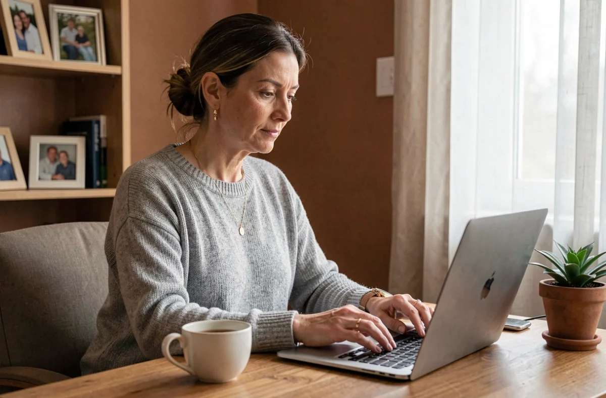 Mère célibataire en télétravail travaillant sur un ordinateur portable dans son bureau à domicile chaleureux