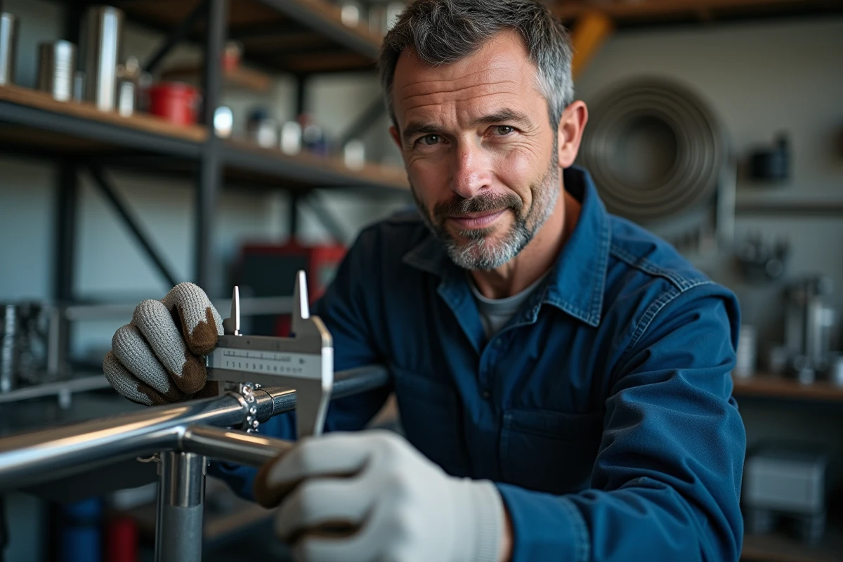 Plombier mesurant le diamètre d'un tube inox avec un pied à coulisse dans un atelier professionnel