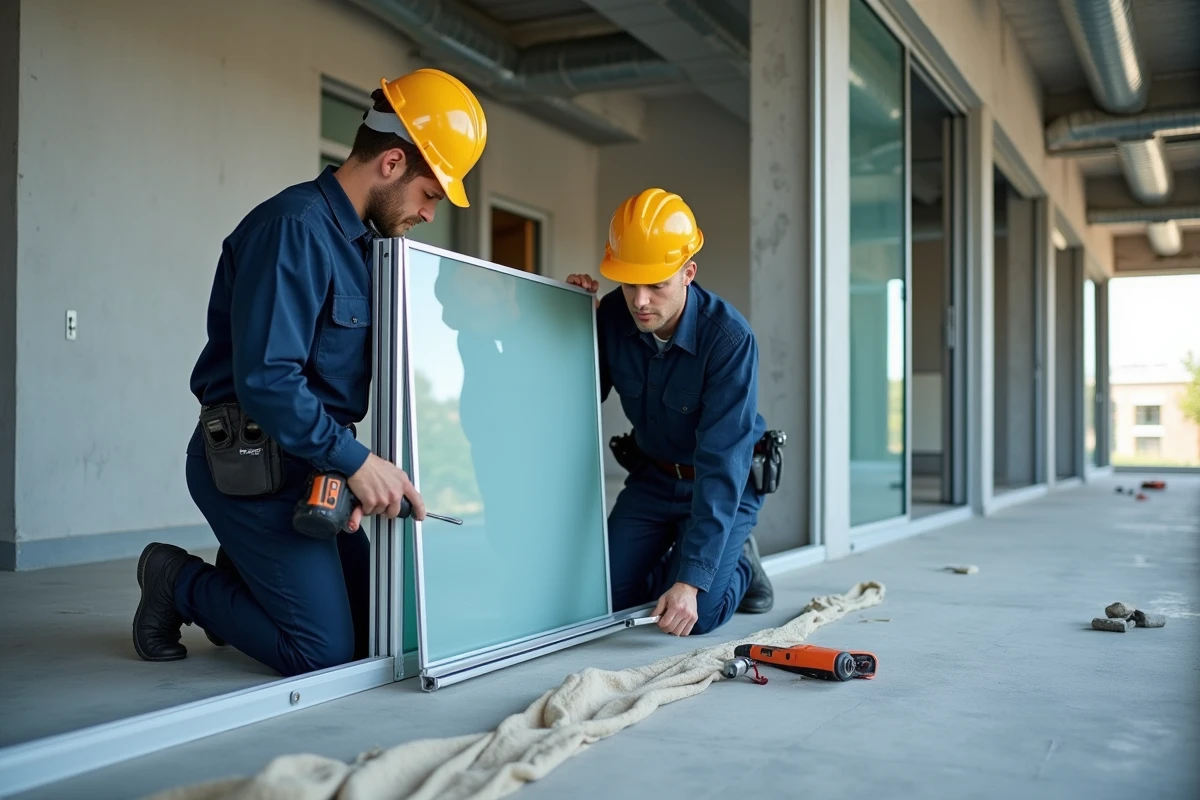 Ouvriers en train d'assembler des cloisons modulaires démontables dans un bureau en rénovation à Lille