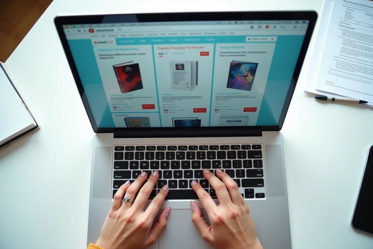 Gros plan sur les mains d'un utilisateur naviguant dans le catalogue de la boutique en ligne Berger Levrault pour passer une commande