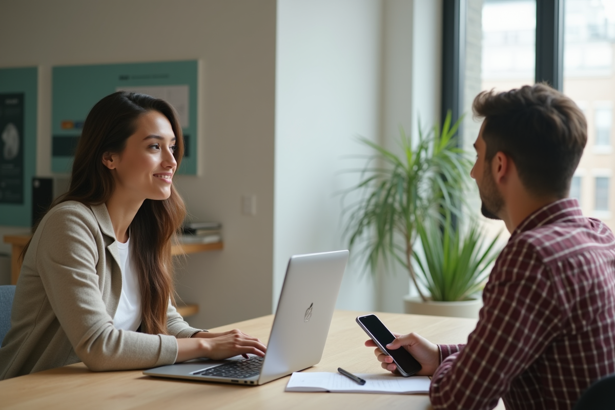 Jeune influenceur négociant avec une marque dans un bureau lumineux