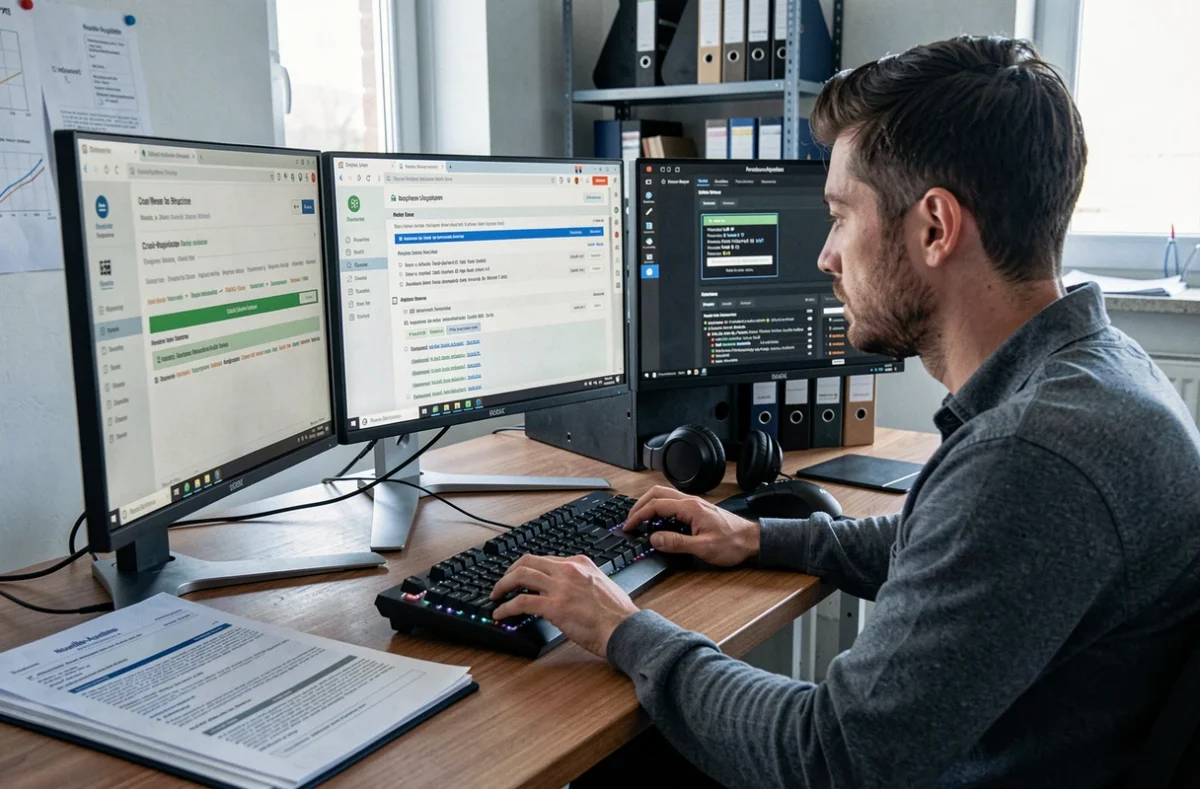 Ingénieur SEO technique de Noqode analysant des rapports de crawl et d'erreurs serveur sur plusieurs écrans en Nouvelle-Aquitaine