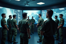 Officiers de la RAF en réunion moderne en briefing