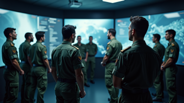 Officiers de la RAF en réunion moderne en briefing