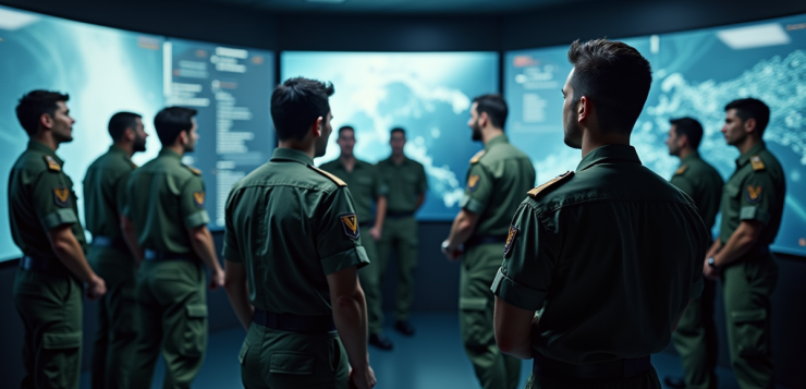 Officiers de la RAF en réunion moderne en briefing