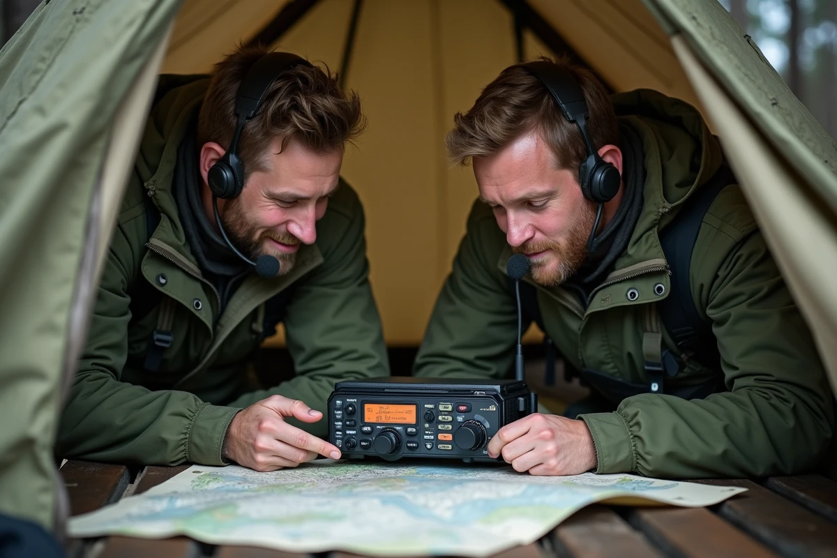 Deux opérateurs de terrain utilisant un émetteur-récepteur radio professionnel portable lors d'un exercice de commandement en extérieur