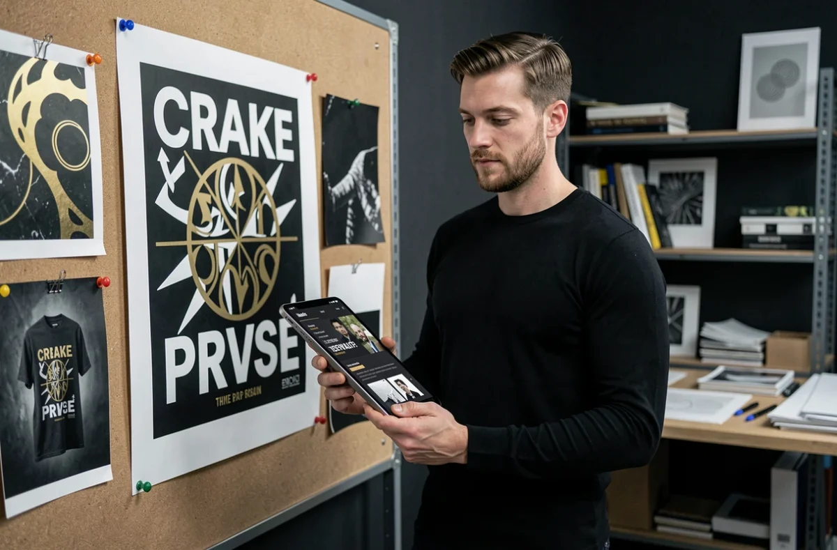 Directeur créatif de l'agence Oscar Black présentant un projet d'identité visuelle dans un studio de design sombre et moderne