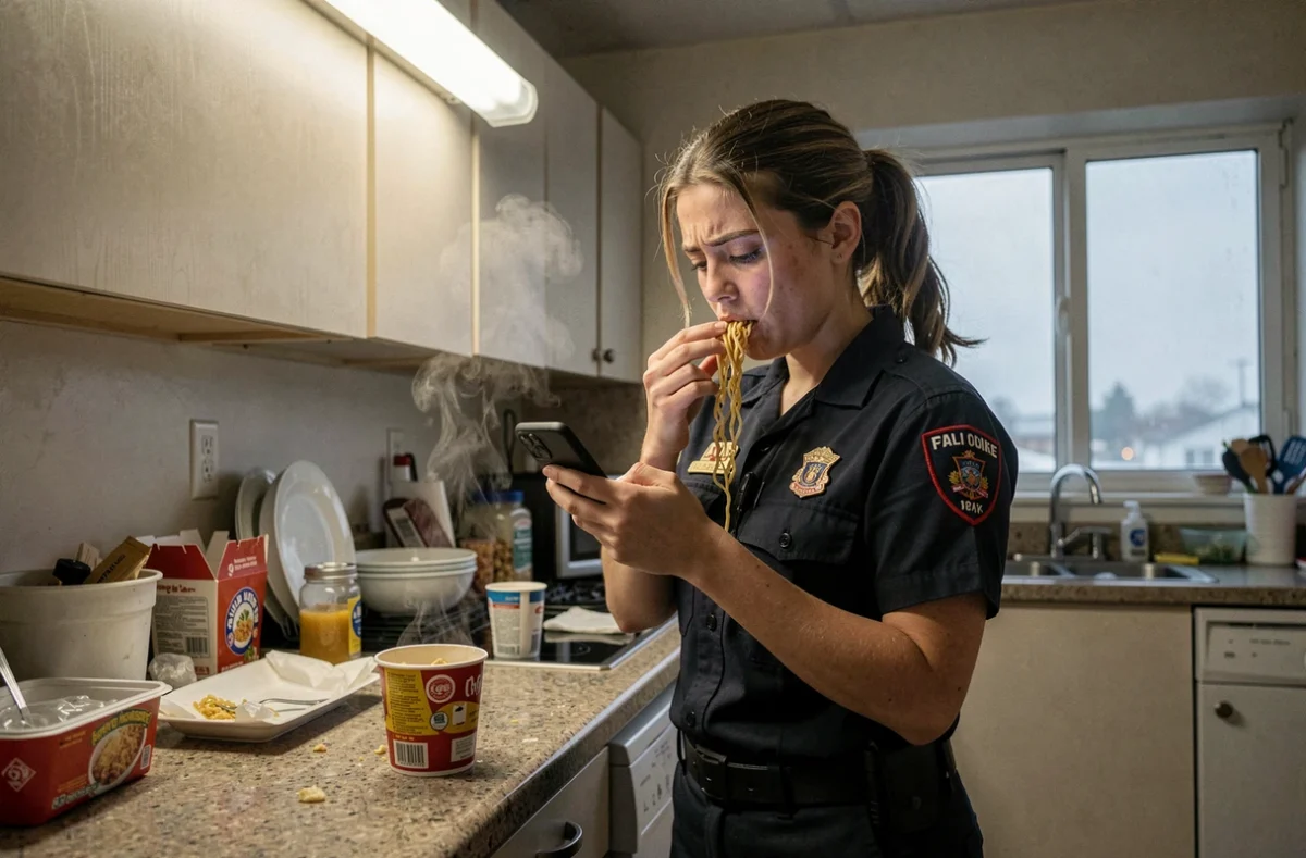 Femme paramédic épuisée mangeant rapidement après un poste de 12 heures, mauvaises habitudes alimentaires de récupération