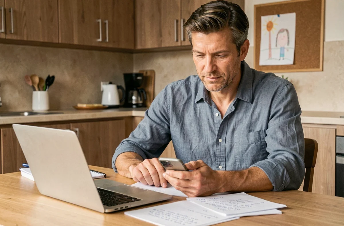 Parent solo en télétravail gérant son activité professionnelle depuis sa cuisine avec des notes et un téléphone